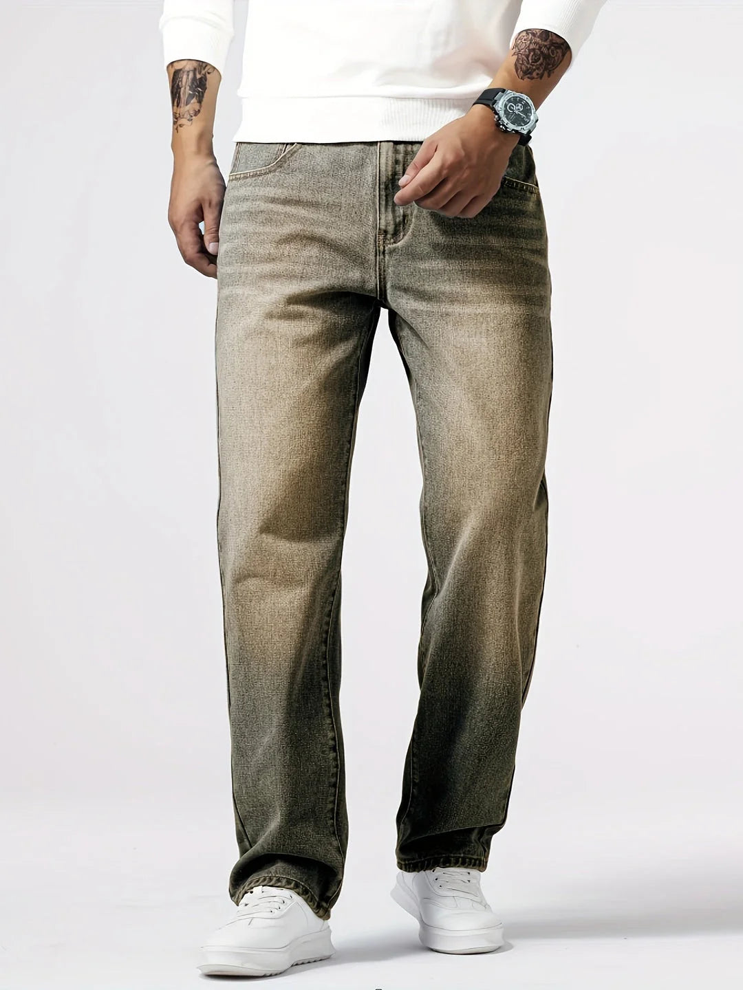 Men's Straight Leg Denim Jeans | Washed Blue Fit 9