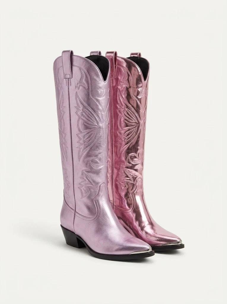 Metallic Western Knee-High Boots | Women's Embroidered Cowboy Boots 2