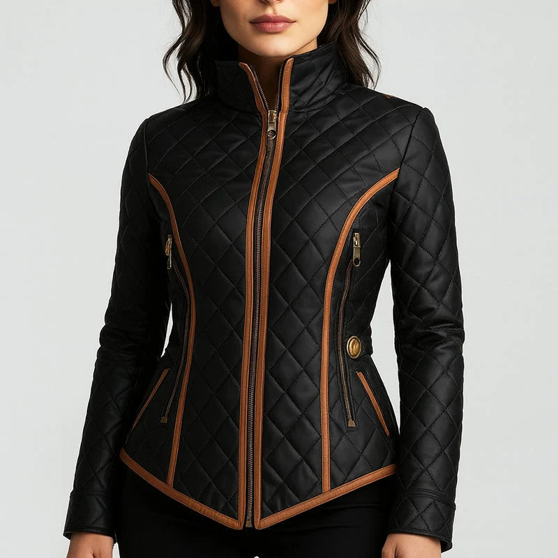 Slim-Fit Quilted Jacket Women Contrast Edging Hip-Length 1