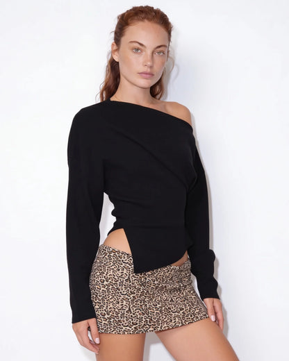 Asymmetric Off-Shoulder Ribbed Knit Top | Women's Cropped Long Sleeve 0