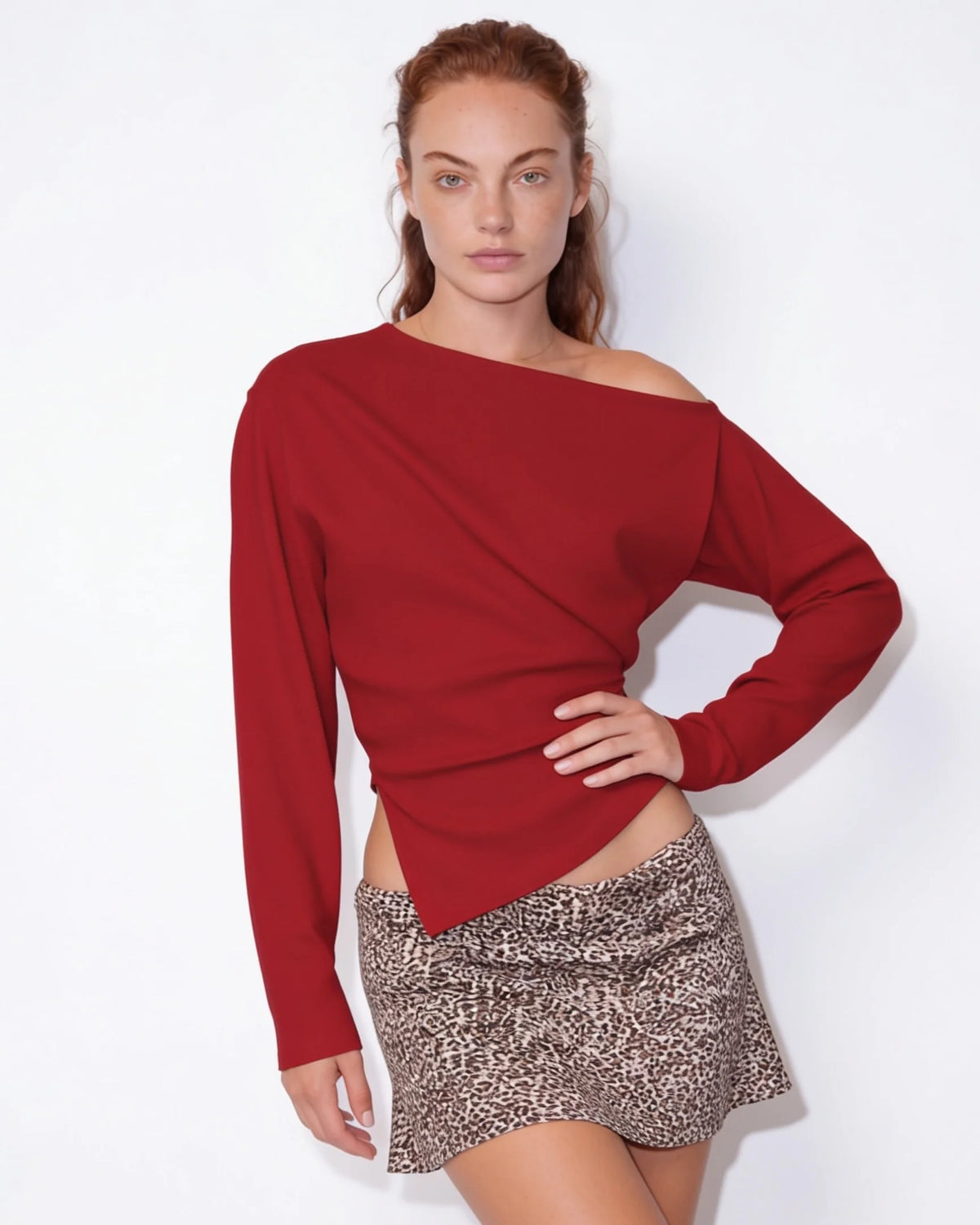 Asymmetric Off-Shoulder Ribbed Knit Top | Women's Cropped Long Sleeve 7