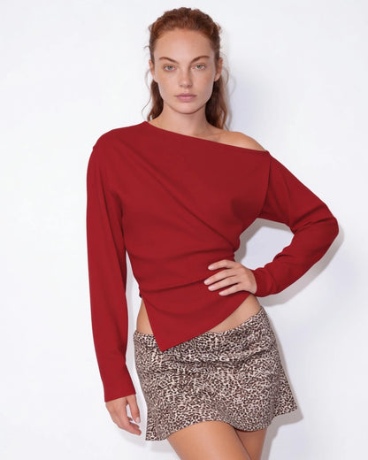 Asymmetric Off-Shoulder Ribbed Knit Top | Women's Cropped Long Sleeve 7