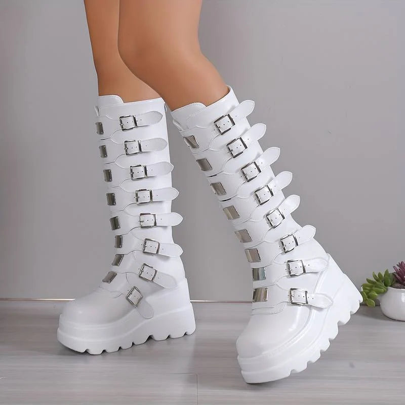 Black Knee High Boots | Women's Multi-Buckle Chunky Lug-Sole Boots 2