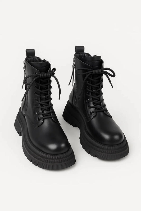 Black Lace-Up Ankle Boots | Women's Chunky Platform Footwear 0