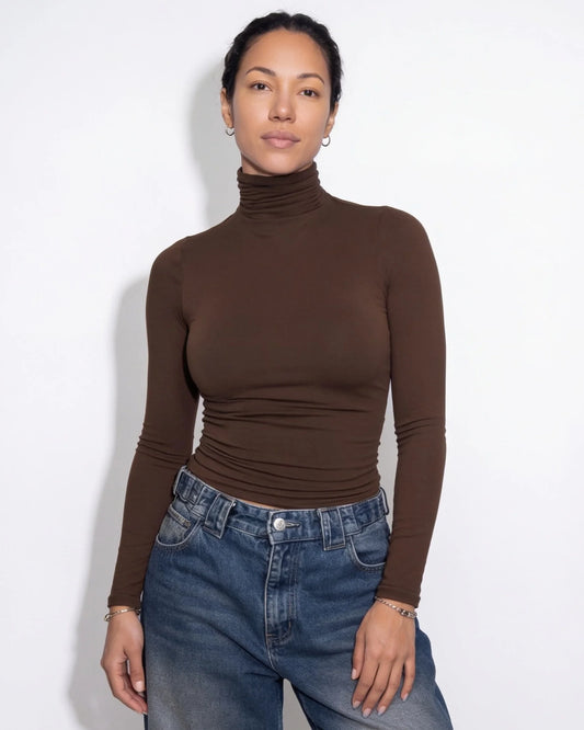Black Mock Neck Top | Fitted Long-Sleeve Turtleneck Shirt 0
