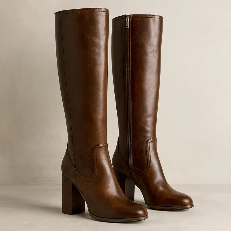 Brown Knee-High Boots | Women's PU Leather Block Heel 0