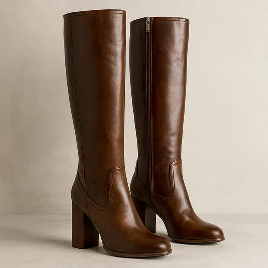 Brown Knee-High Boots | Women's PU Leather Block Heel 0