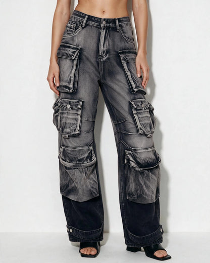 Cotton Denim Wide-Leg Cargo Jeans | Women's Cargo Pants 0