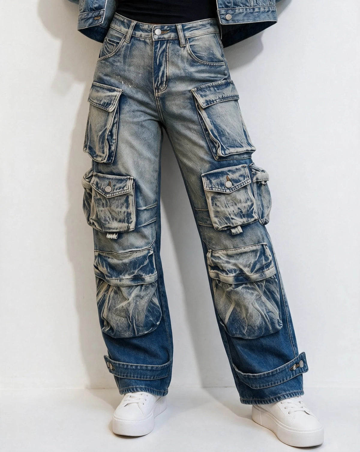 Cotton Denim Wide-Leg Cargo Jeans | Women's Cargo Pants 3