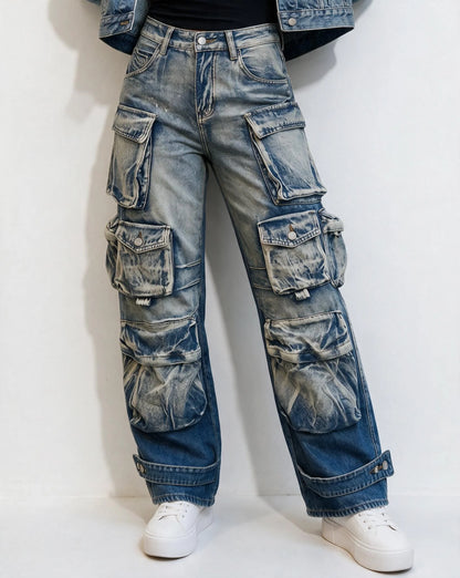Cotton Denim Wide-Leg Cargo Jeans | Women's Cargo Pants 3