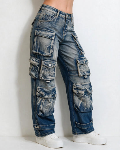 Cotton Denim Wide-Leg Cargo Jeans | Women's Cargo Pants 4