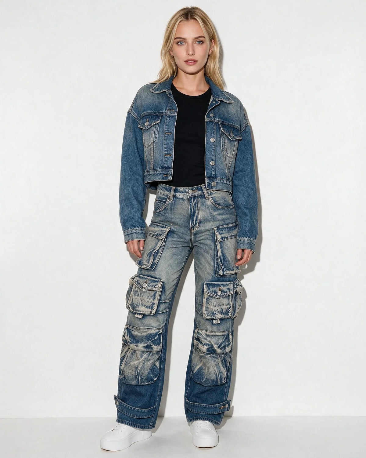 Cotton Denim Wide-Leg Cargo Jeans | Women's Cargo Pants 5