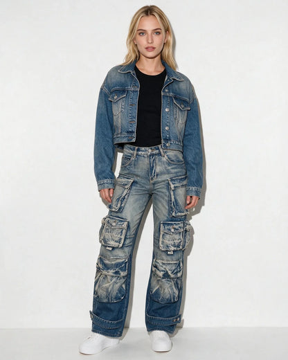 Cotton Denim Wide-Leg Cargo Jeans | Women's Cargo Pants 5