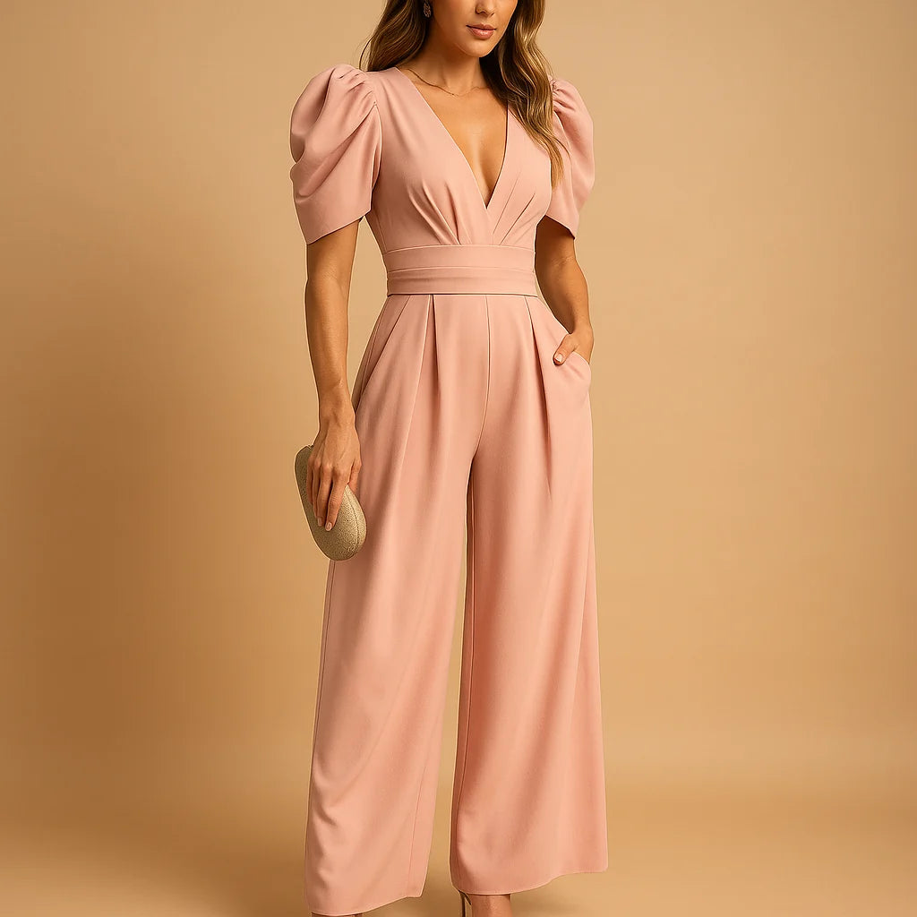 Elegant Wide-Leg Jumpsuit with V-Neck & Puff Sleeves | Jumpsuit Women 0