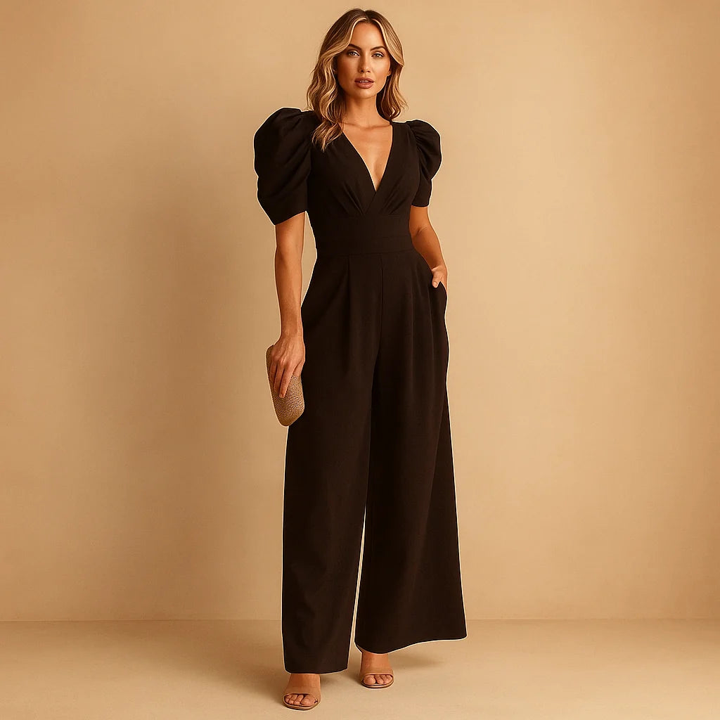 Elegant Wide-Leg Jumpsuit with V-Neck & Puff Sleeves | Jumpsuit Women 1