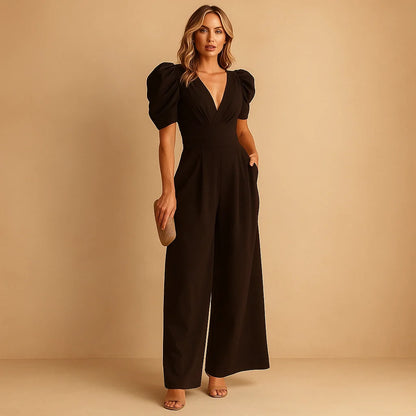 Elegant Wide-Leg Jumpsuit with V-Neck & Puff Sleeves | Jumpsuit Women 1