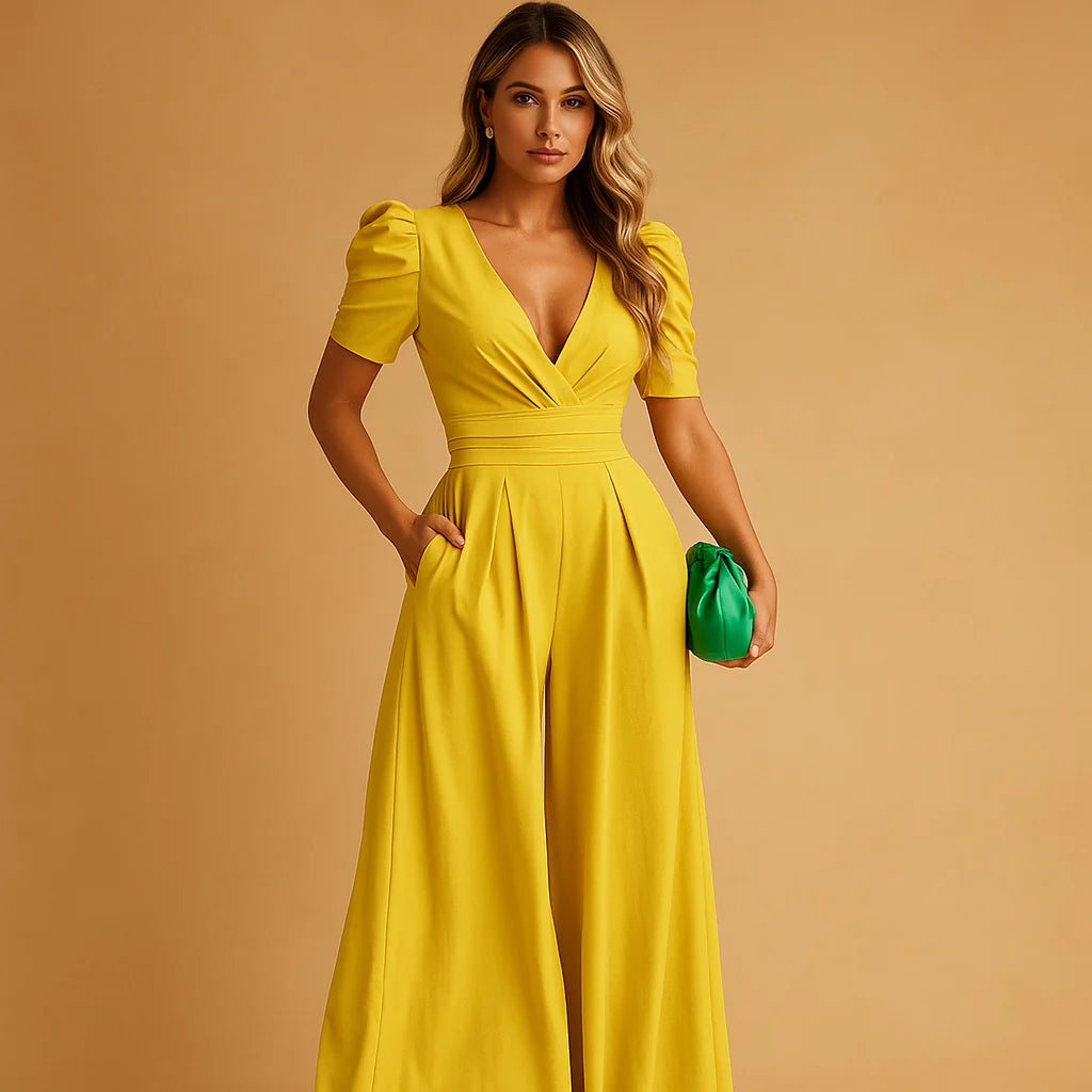 Elegant Wide-Leg Jumpsuit with V-Neck & Puff Sleeves | Jumpsuit Women 2