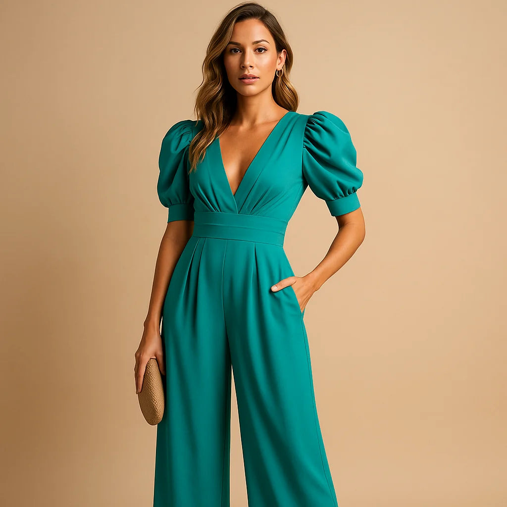 Elegant Wide-Leg Jumpsuit with V-Neck & Puff Sleeves | Jumpsuit Women 3