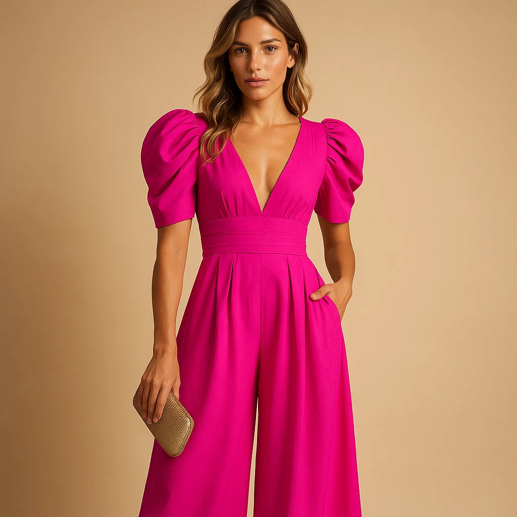 Elegant Wide-Leg Jumpsuit with V-Neck & Puff Sleeves | Jumpsuit Women 4