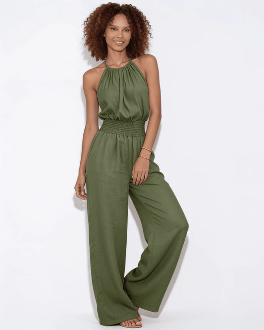 Halterneck Smocked-Waist Wide-Leg Jumpsuit 0