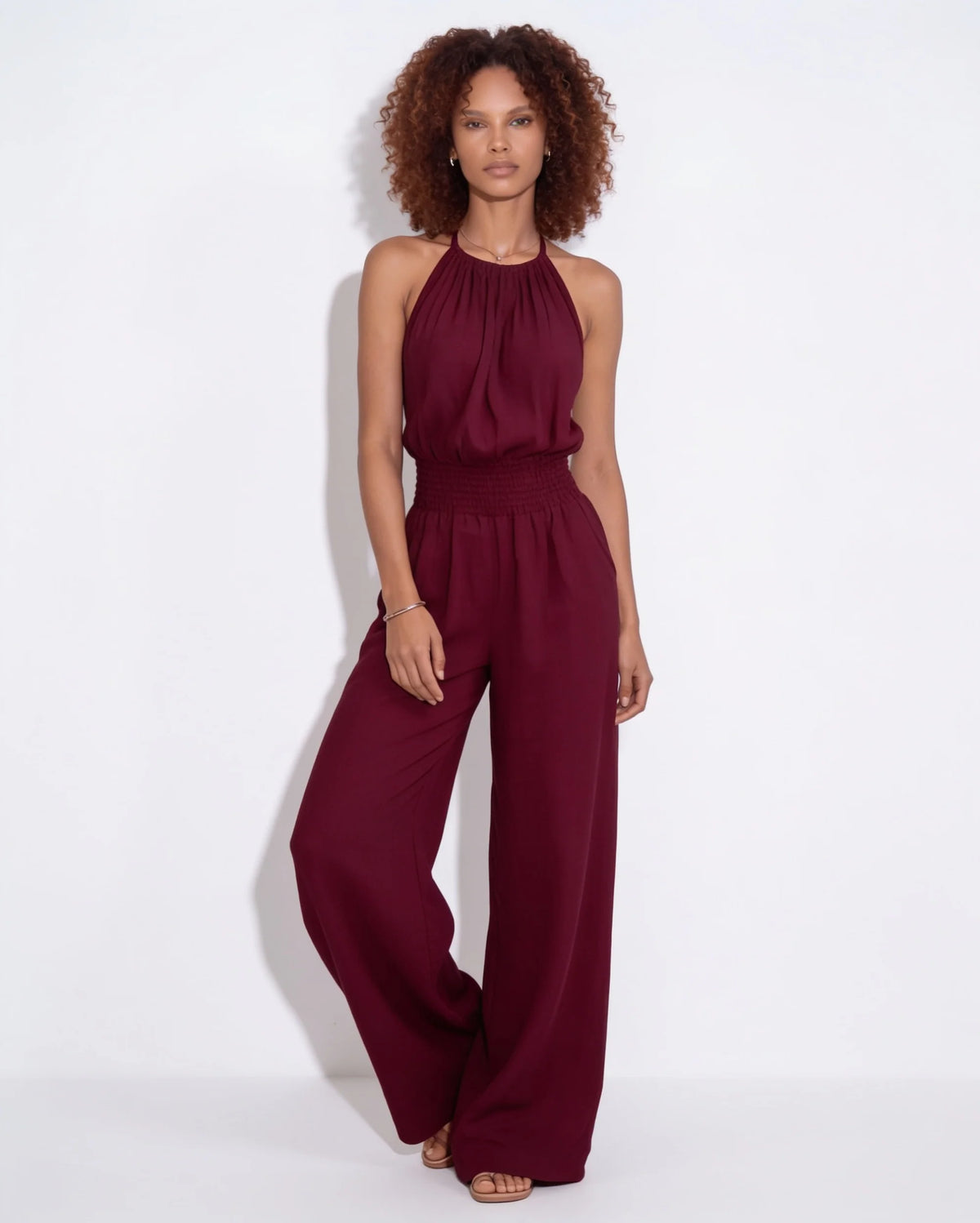 Halterneck Smocked-Waist Wide-Leg Jumpsuit 10
