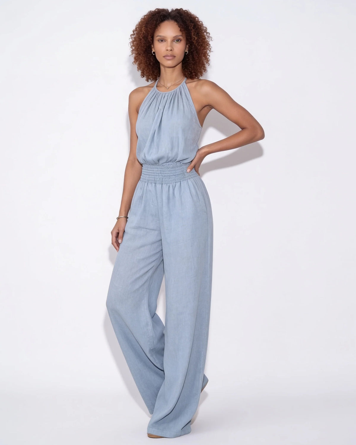 Halterneck Smocked-Waist Wide-Leg Jumpsuit 11