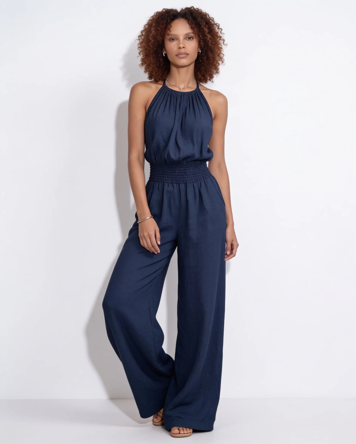 Halterneck Smocked-Waist Wide-Leg Jumpsuit 13