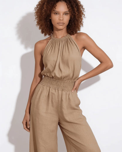 Halterneck Smocked-Waist Wide-Leg Jumpsuit 8