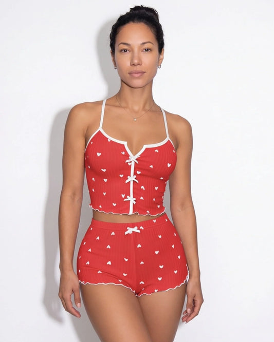 Heart Print Bow-Tie Pajama Set | Women's PJ Sets 0