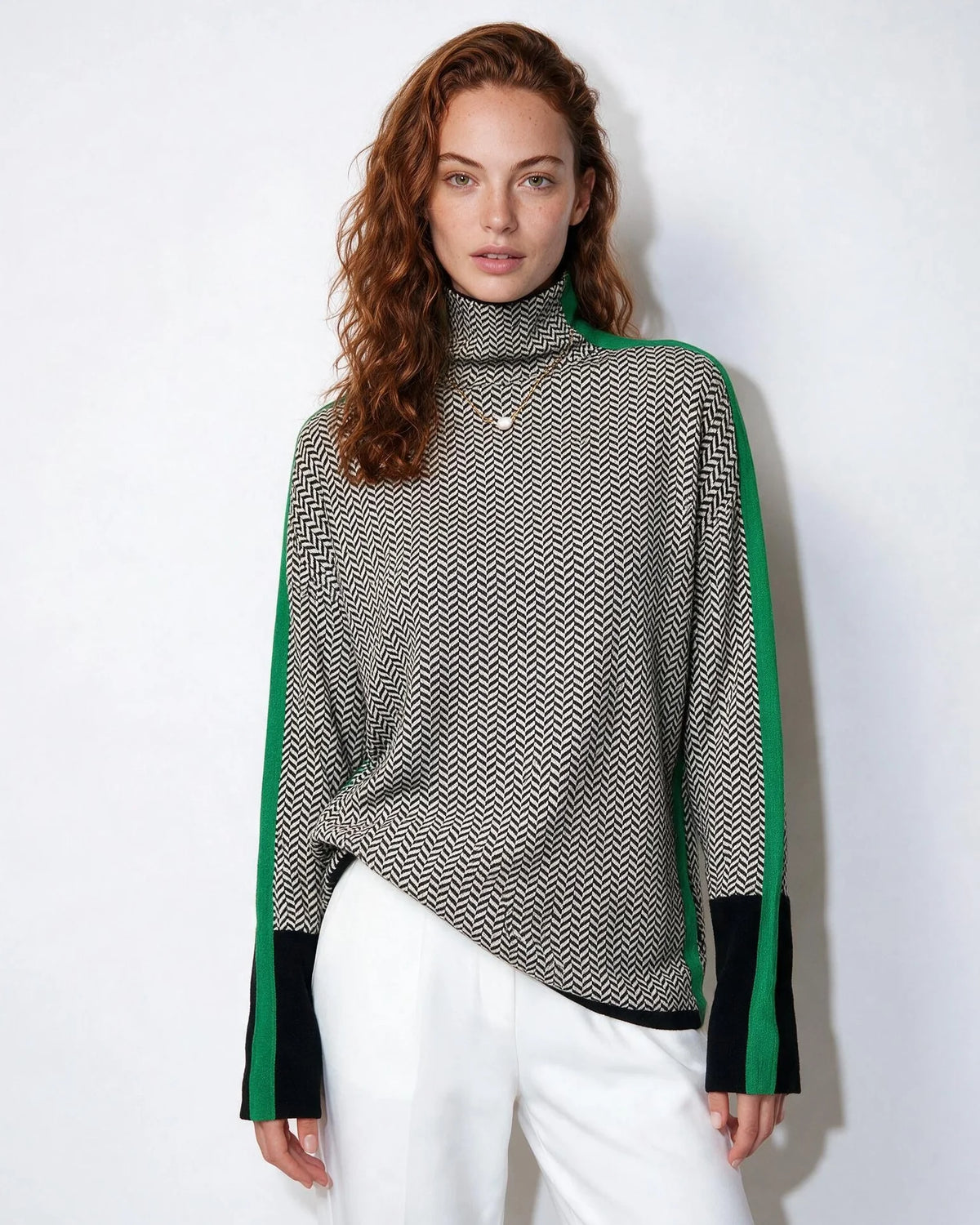 Herringbone Turtleneck Jumper | Longline Knit Sweater 0
