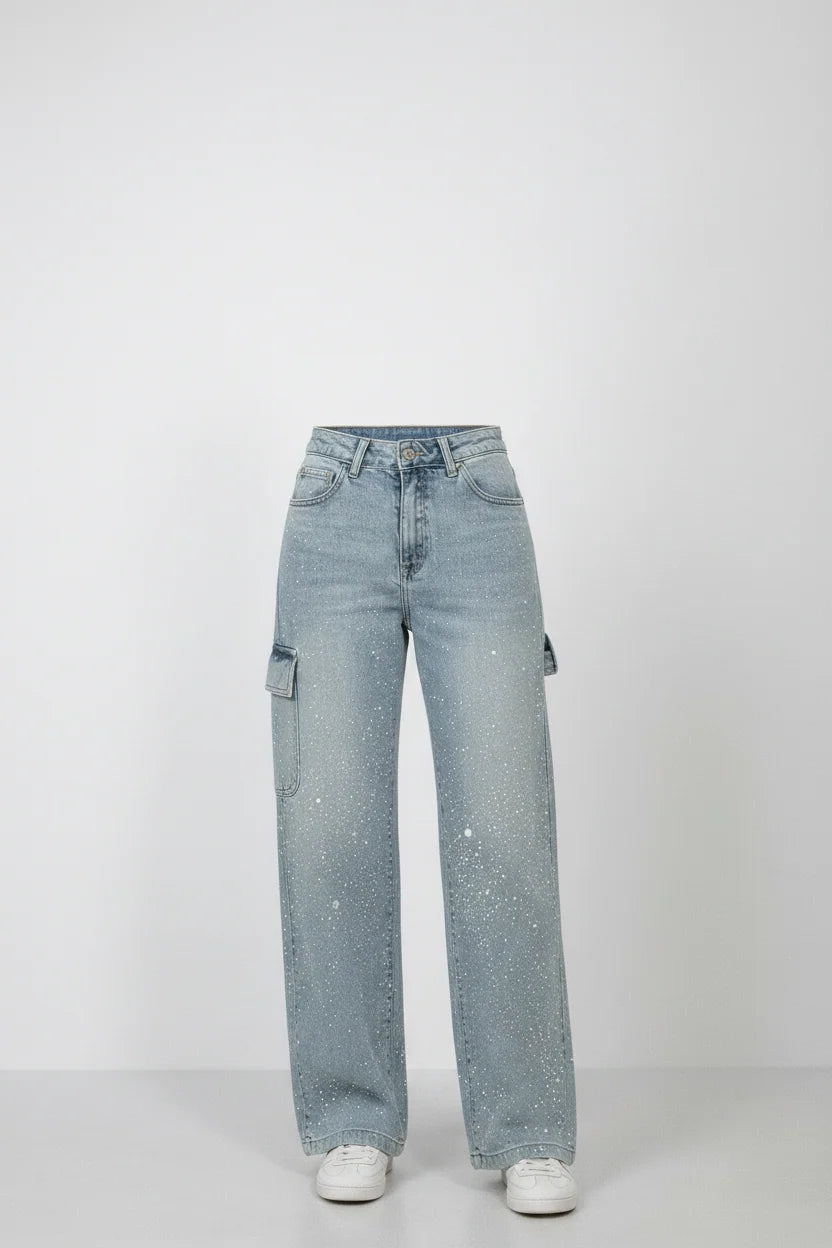 High-Waist Straight Leg Jeans with Crystal Details | Women's Jeans 0