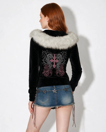 Hooded Jacket with Faux Fur Trim | Women's Velvet Black 1