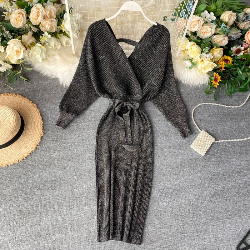 Knitted Batwing Midi Dress | Women's Sweater Dress for Autumn 0