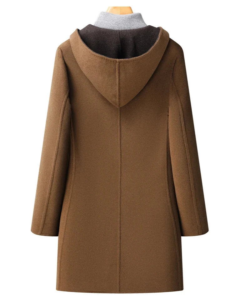 Long Hooded Winter Coat Women Two-Tone Button Overcoat 4
