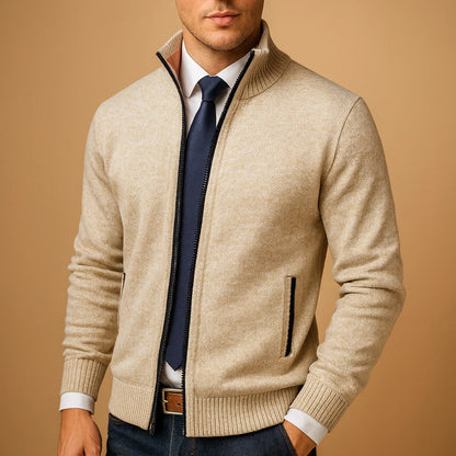Men's Zip-Up Cardigan Beige | Mens Cardigan Sweater 0