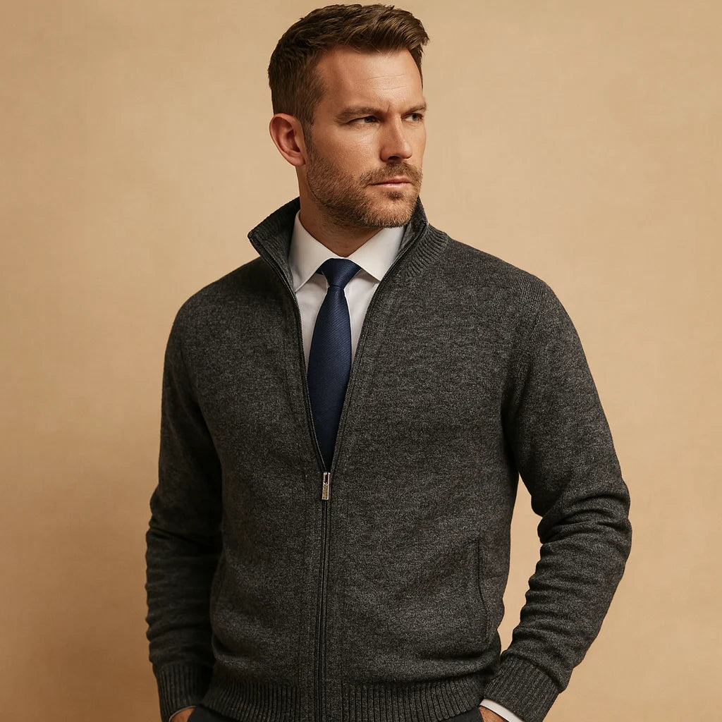 Men's Zip-Up Cardigan Beige | Mens Cardigan Sweater 1