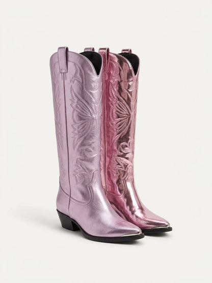 Metallic Western Knee-High Boots | Women's Embroidered Cowboy Boots 2