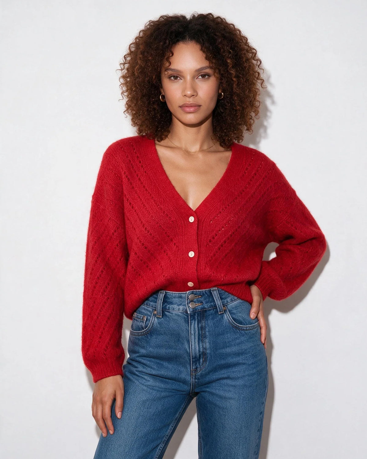 Mohair Chevron Pointelle V-Neck Cardigan | Women's Knitwear 6