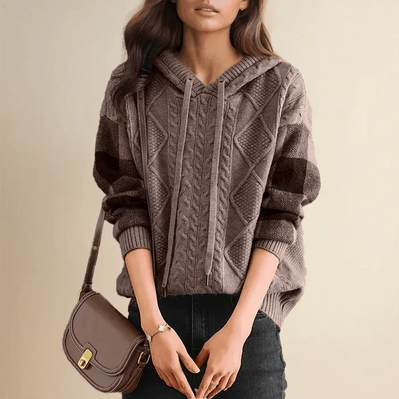 Oversized Cable-Knit Hoodie with Checked Sleeves for Women 0