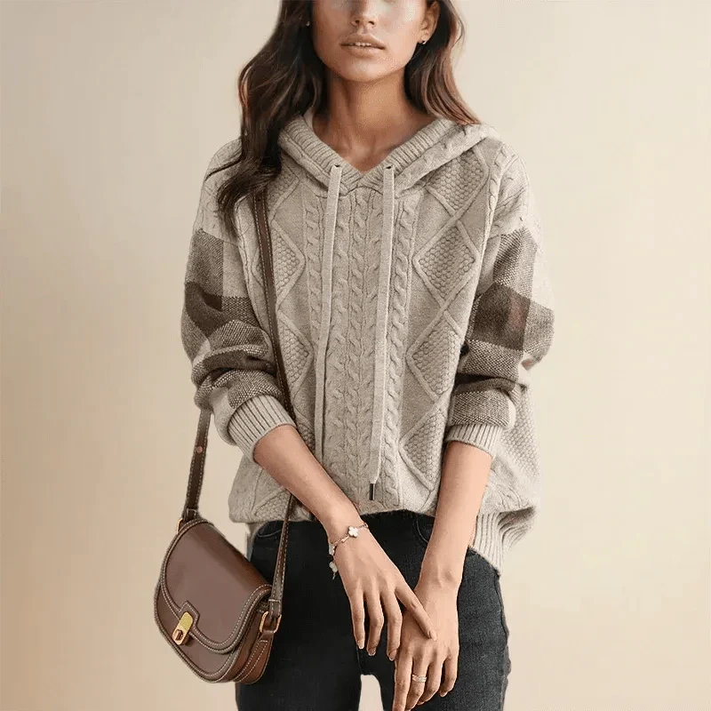 Oversized Cable-Knit Hoodie with Checked Sleeves for Women 1