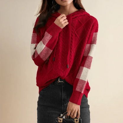 Oversized Cable-Knit Hoodie with Checked Sleeves for Women 2