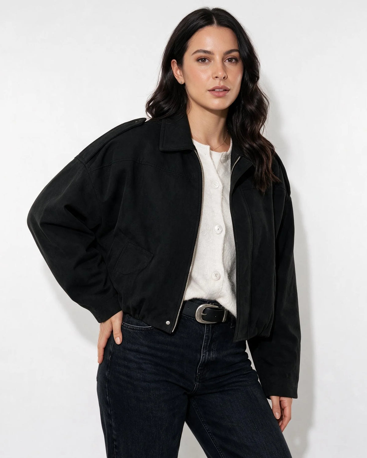 Oversized Cropped Bomber Jacket | Women Faux-Suede Outerwear 7