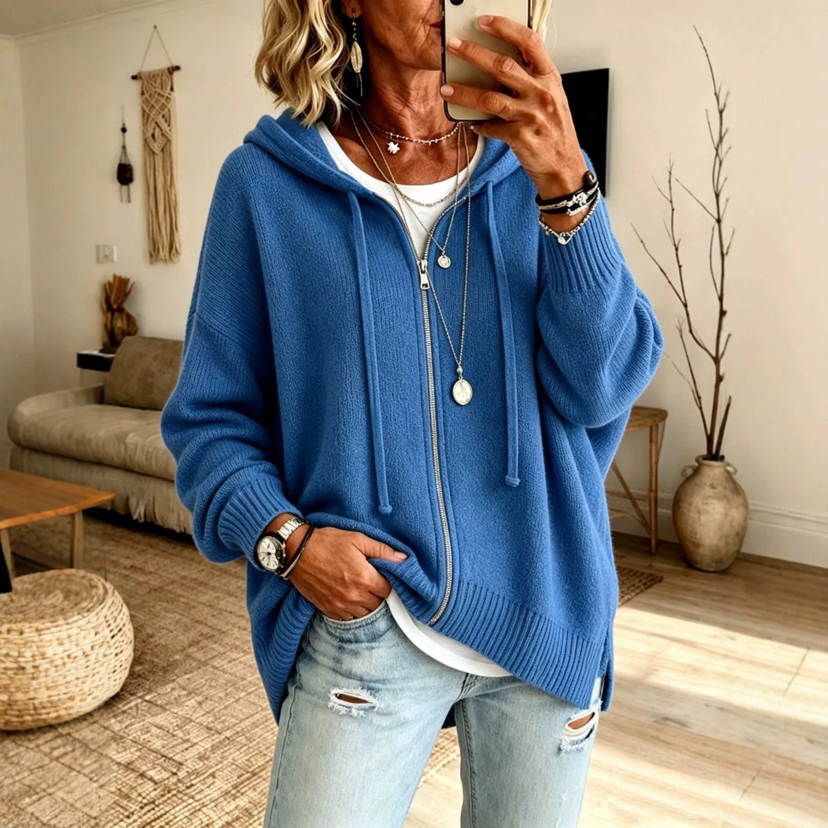Oversized Hooded Zip Cardigan Women Soft Fine Knit 0