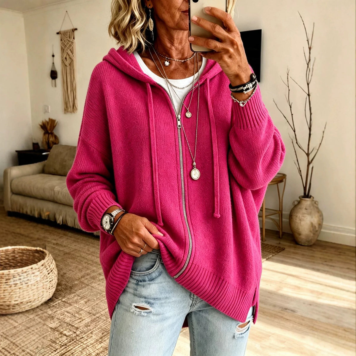 Oversized Hooded Zip Cardigan Women Soft Fine Knit 1