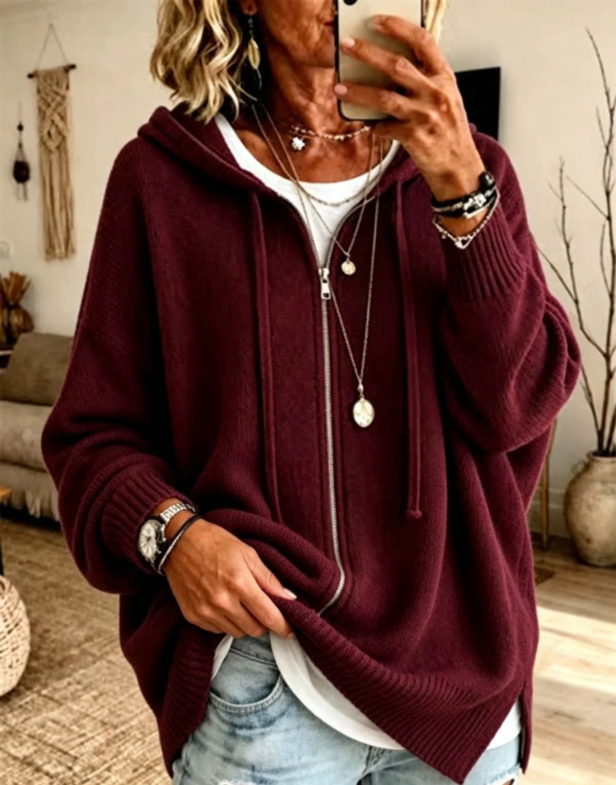 Oversized Hooded Zip Cardigan Women Soft Fine Knit 12