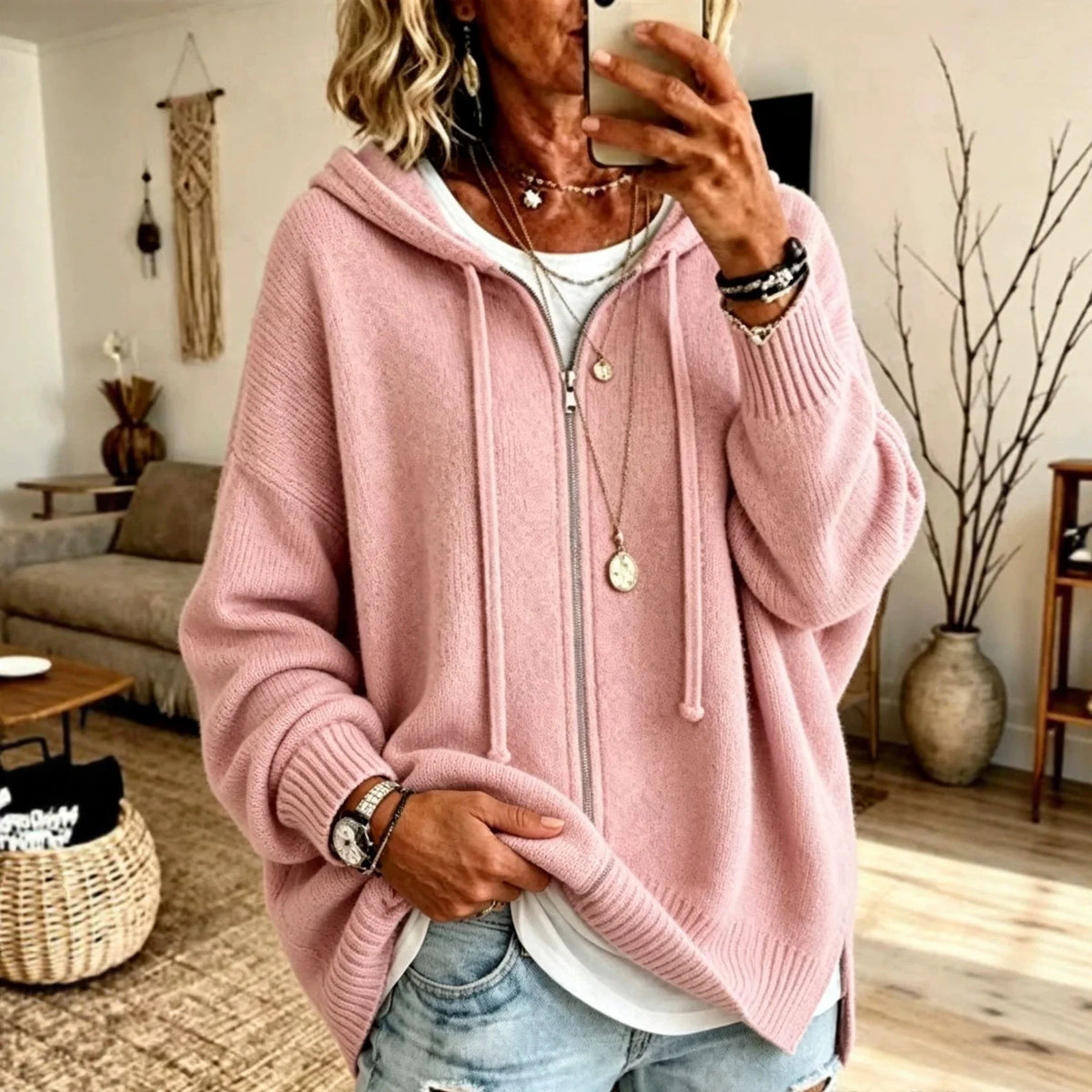 Oversized Hooded Zip Cardigan Women Soft Fine Knit 3