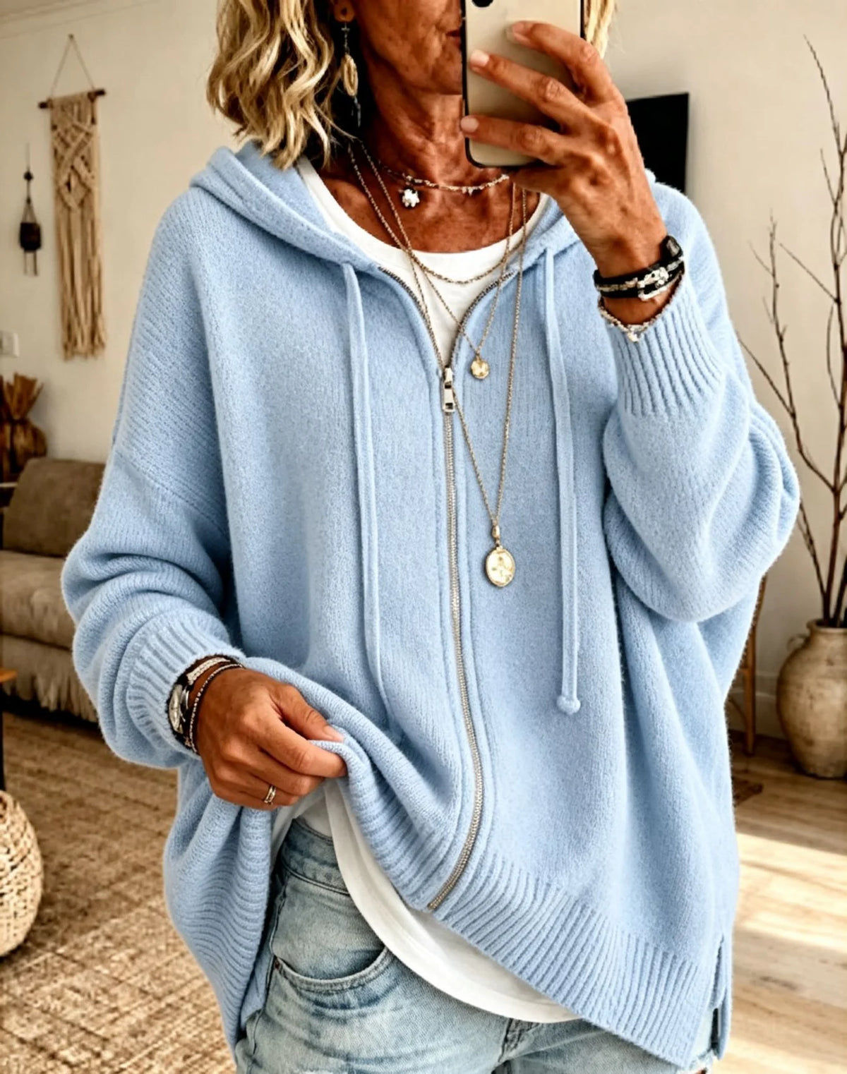 Oversized Hooded Zip Cardigan Women Soft Fine Knit 6