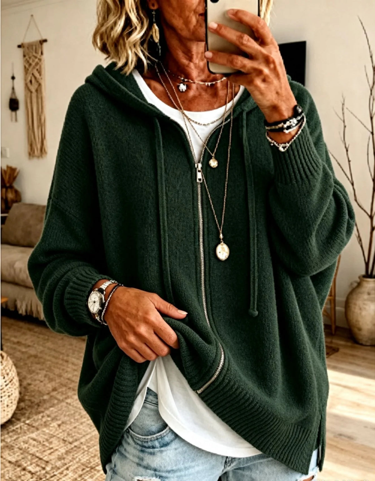 Oversized Hooded Zip Cardigan Women Soft Fine Knit 7
