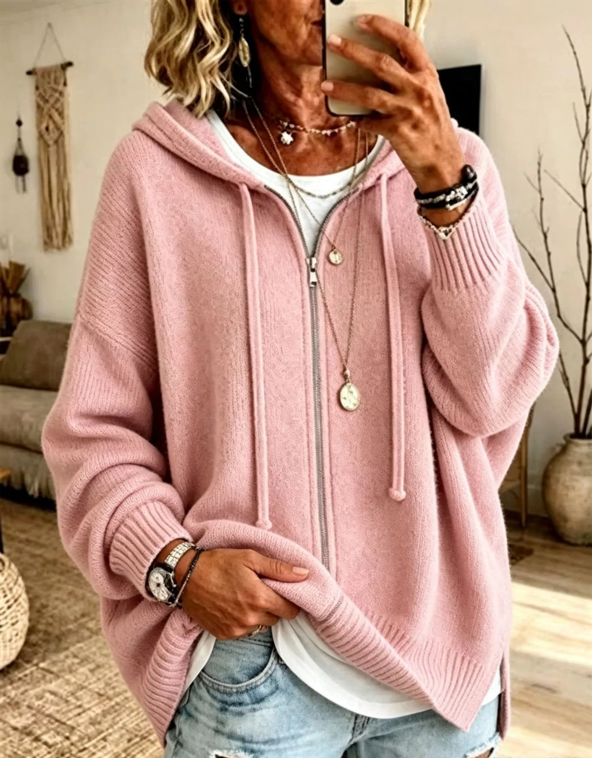 Oversized Hooded Zip Cardigan Women Soft Fine Knit 9
