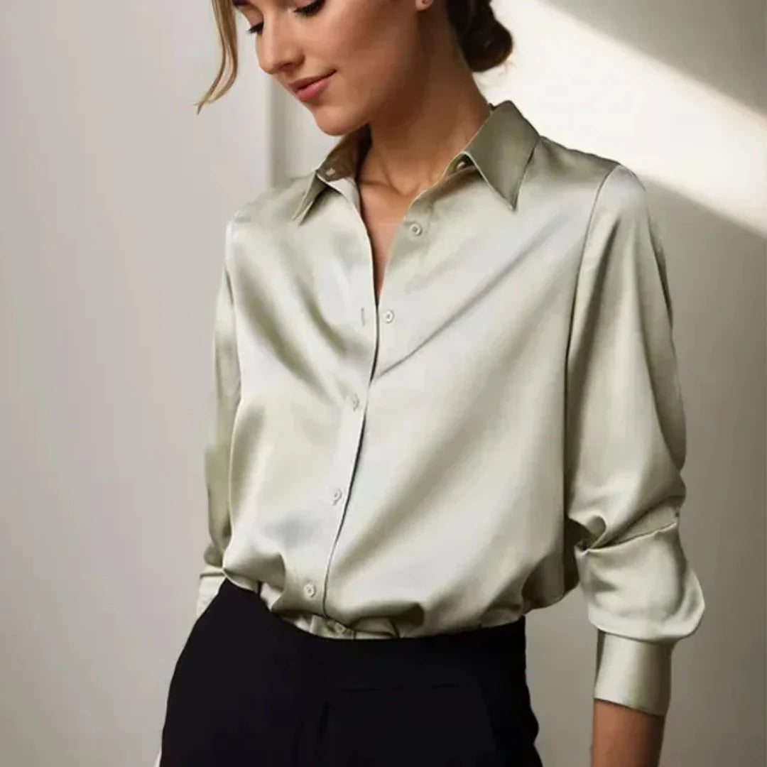Satin-Style Button-Up Shirt | Women's White Blouse 0